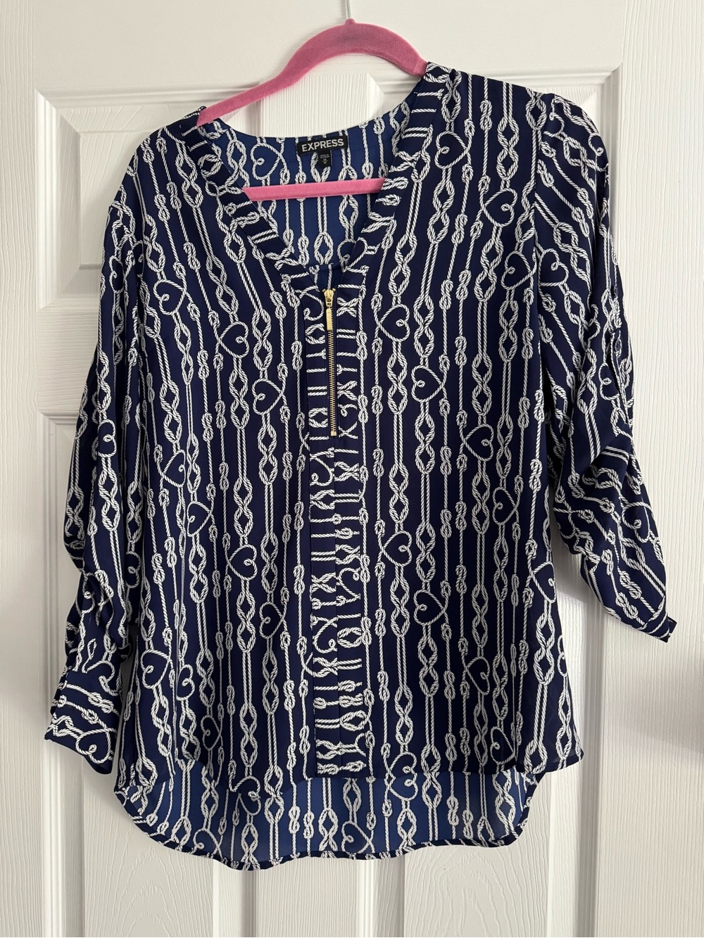 Express Navy and White Rope-Print Button-Down Blouse